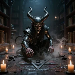 a metal musician using a pentagram on the floor to conjure a demon inside a spooky library. Twisted Demon horns breaking through the floor. Candles. Ominous lights. Magic dust. Cult Horror film still from 1990s movie.