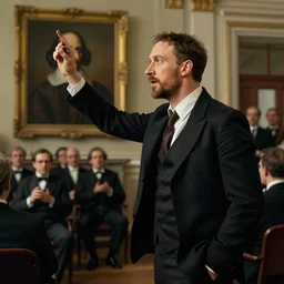 tom hardy ( ( ( beard ) ) ) clean - shaven, rehearsing shakespeare to a room full of businessmen, painting by gaston bussiere, craig mullins, j. c. leyendecker