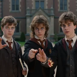 sharp, detailed, film still from a 2 0 1 9 sci fi color movie, set in 1 8 5 0 in an alternate universe, mid distant shot of three students practicing magic, outside the school of magic, 1 8 5 0 s clothing, atmospheric lighting, in focus, reflective eyes, 3 5 mm macro lens, live action, good special effects, nice composition