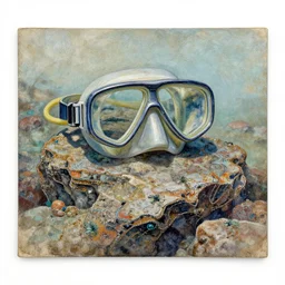 rocky sea floor vibrant glimmering thin contours mixed media aged fresco, abandoned scuba visor