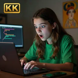a cute girl coding frantically on her laptop, she wears a green shirt, she is amazed with eyes wide opened, cinematic and dramatic, 8 k, crisp lines, sharp edges, vibrant colors by artgerm, cushart krenz, greg rutkowski, mucha and norman rockwell