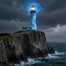 medieval fantasy artwork. cliff with an ancient lighthouse on top. the lighthouse is enveloped by a column of blue swirling light. the sea at the bottom of the cliff ( rough sea ).