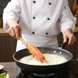 a shrimp in a chef costume cooking some rice in a pan