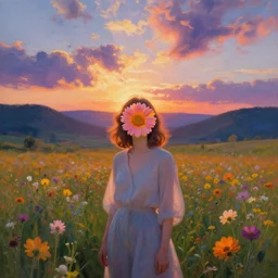 girl with a blooming flower face, surreal photography, standing in flower field, in a valley, sunrise dramatic light, impressionistic painting, colorful clouds, artstation, simon stalenhag