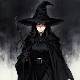 portrait of a witch in black robes, art by hideo minaba