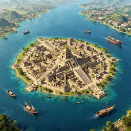 an aztec city in a one island lake, surrounded by many 15th century ships, aerial view, ultra detailed, high quality, artstation, digital painting, 8k, vibrant, ultra detailed water