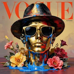 a head made out of melting metal, it is of black and golden and red color, it is wearing sunglasses and a hat, there are flowers all around it, blue paint melting, vogue cover style, greg rutkowski style, wlop style, vincent di fate style, basquiat style