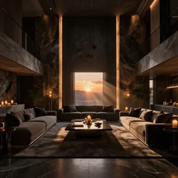 concept art of a very dark dreamy luxury maximalist living room, candlelight, sunset glow, sunset dappled light, dark shadows, god rays, chiaroscuro, wood concrete marble finishes, octane render, volumetric lighting, raytracing, symmetrical wide shot low angle
