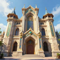 gorgeous exterior picture of a fantasy guild building, majestic design, 3 floors, ornamental, big entrance, colorful, high fantasy, by rossdraws, ralph horsley, artstationhd