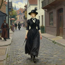 a beautiful painting of a thin Victorian woman walking down a cobblestone street, steampunk street, painted by Carl Spitzweg, Alexander Jansson, thomas kinkade