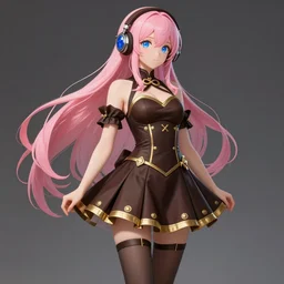 anime girl with long pink hair and blue eyes dressed in a brown corset with gold inserts, a brown flared skirt with gold inserts, brown headphones with blue inserts in the form of a stone, brown boots on her feet, light brown stockings an infinity ornament on her neck, anime style, elegant, highly detailed, digital painting, artstation, concept art, smooth, sharp focus, digital art, hyperdetalied, video game icon artstation lois van baarle, ilya kuvshinov, rossdraws
