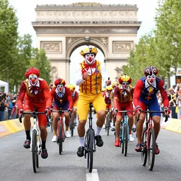 sports photo of troupe of clowns on unicycles in a bunch sprint on the champs de elysees, tour de france