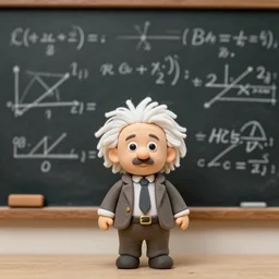 Miniature claymation Albert Einstein in front of a blackboard full of chalked math formulas