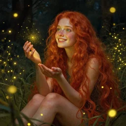 infp girl, smiling, amazed by the lights of golden fireflies, sitting in the midst of nature fully covered, long loose red hair, intricate linework, dreamy green eyes, small nose with freckles, oval shape face, realistic, expressive emotions, dramatic lights, spiritual scene, hyper realistic ultrafine digital art by carlo saraceni, albert bierstadt and artgerm
