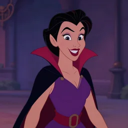 head and shoulder shot of a female vampire walking home at night, in the style of disney, hard lighting, professional studio, smile, vibrant colors, fashion