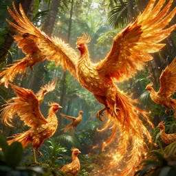 flock of fiery golden phoenix birds in tropical forest, insanely detailed, digital art, photorealistic, wimmelbilder, unreal engine 5, dynamic lighting, raytracing effects, 1 6 k