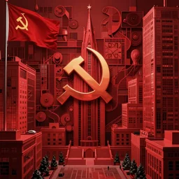 only with red, soviet communism city atmosphere with soviet flag, in the style of beksinski and rodcenko and yue minjun and cory loftis, intricate and epic composition, red by caravaggio, highly detailed, masterpiece, red light, artstation, art nouveau