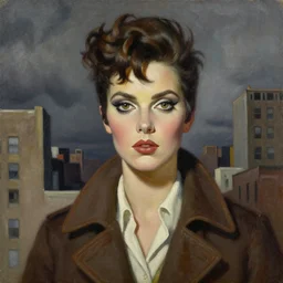 t - 8 0 0 terminator, detailed almond eyes shape, dressed in beatnik style, buildings, dark clouds, stylish, greg hildebrandt fancy new york oil painting high quality