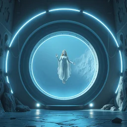 one lonely cyberpunk round portal!! bad omens, deathcore style of beksinski. dramatic white and blue lighting, a grace goddess floating in white and gold in the center. cinematic. 8 k, houdini render, octane render. ultra clear detailed.