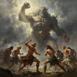 highly detailed painting of stoya fighting a looming demigod, dramatic, sense of scale, stephen bliss, unreal engine, greg rutkowski, ilya kuvshinov, ross draws, hyung tae and frank frazetta, tom bagshaw, tom whalen, nicoletta ceccoli, mark ryden, earl norem, global illumination, god rays, windswept