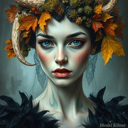 portrait of beautiful female model by irakli nadar with intricate detailed color smashing fluid oil paint and acrylic, dried moss and dried autumn leaves headdress with horn, organic, haunting, elite, elegant, melting wax, mycelia, abstract impressionism, ruan jia, dark fantasy, hyper detailed, concept art, by gustav klimt,