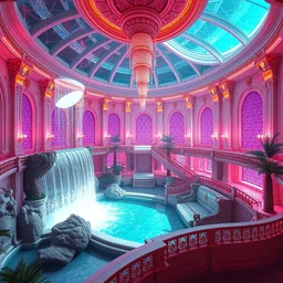 bright sleek waterfall solarpunk palace interior, neo - rococo, extreme opulence, 4 k octane render, utopia, volumetric light, cinematic, futuristic, imagined by simon bizley, albert bierstadt, herbert james draper, arnold bocklin, caspar david friedrich, sir lawrence, alma tadema, karl heilmayer, aerial view