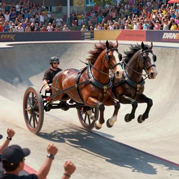 roman horse-drawn chariot racer high jumping in a skate park half-pipe, video game cover, intense, high detail, crowd cheering, style of Tony Hawk