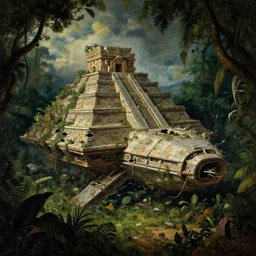surreal painting of crashed mayan aztec spaceship overgrown by jungle, soft grainy bloom lucid dream - like atmosphere, harsh flash photo at night, baroque painting, perfect composition, detailed octane render trending on artstation, 8 k artistic photography, volumetric cinematic perfect light, chiaroscuro, masterpiece, raphael, caravaggio, beksinski, rutkowski, beeple