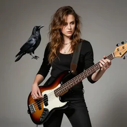 a beautiful girl playing bass guitar with her Pet Crows photograph in the style of Annie Leibovitz, Studio Lighting