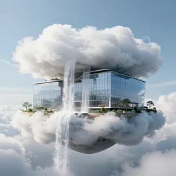 outdoor design, style of zaha hadid, clouds, waterfall, island, two - storey glass building, daytime, futuristic, high details, cinematic