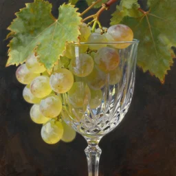 oil painting of crystal wine glass, translucent grapes closeup, glass refraction, art by anders zorn, wonderful masterpiece by greg rutkowski, beautiful cinematic light, american romanticism by greg manchess, backlit vine leaves, light