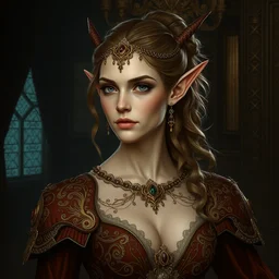 half - elf rich woman, in an intricate gown, with some inbred traits, alone in her mansion, head and torso portrait by raymond swanland and johan grenier
