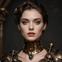 in the style of diego fazio, artgerm, beautiful taissa farmiga, steampunk, elegant pose, middle shot waist up, symmetrical face symmetrical eyes, cinematic lighting, detailed realistic eyes, short neck, insanely detailed and intricate elegant