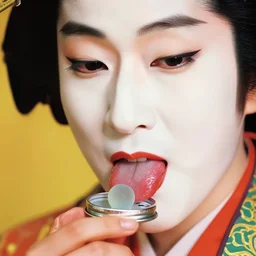 a colorful vibrant closeup portrait of a kabuki licking a tab of lsd acid on his tongue and dreaming psychedelic hallucinations, by kawase hasui, moebius, edward hopper and james gilleard, zdzislaw beksinski, steven outram colorful flat surreal design, hd, 8 k, artstation