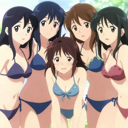 close - up princesses posing together in bikini. by yoshiyuki sadamoto, amagaitaro, makoto shinkai, krenz cushart, asao urata, pixiv