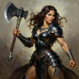a frank frazetta oil painting of a beautiful muscular salma hayek wearing black armor holding a large battle axe, dynamic shot, hd 4 k, intricate, highly detailed, atmospheric, sharp