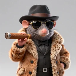 anthropomorphic gangster rat holding a big cigar, wearing a fur coat, wearing sunglasses and a hat, long fur, detailed, 3d render, 4k, blender