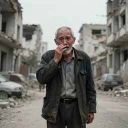 an old man stands in the middle of a ruined city and cries