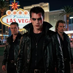 35mm kodak portra photograph of a shadowrun vampire on the Las Vegas strip at night by tomer hanuka and tom bagshaw, handsome face, blood, urban fantasy, hyper realism, high detail, octane render, 8k, trending on artstation, CGsociety, concept art