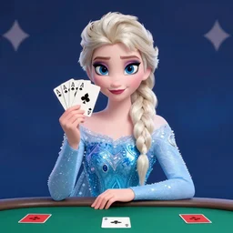 digital art portrait of Elsa from frozen playing poker holding cards poker face, trending on artstation
