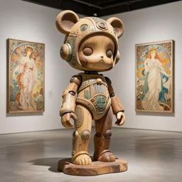 octane render ultra photorealistic hyper detailed, intricate a very very sculpture cute wooden and ceramic mystical statue robot of the roman organiquecyberpunk a contemporary art gallery in neo tokyo artwork alphonse mucha and wlop and chamberlain john