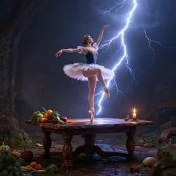 a ballerina sitting on top of a wooden table, medieval concept art, cinematic lightning and colors, featured on cg society, photorealism, vray tracing, rendered in unreal engine, photorealistic, vegetables on table and candle, dark lightning, contrast shadows