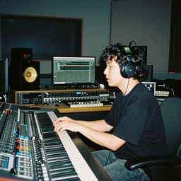 music producer artist in his studio recording songs with all his passion, 3 5 mm film photograph, artistic vibes