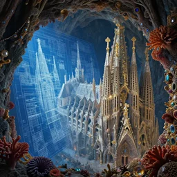 one point perspective city cathedral cavern symbolarium dungeon encrusted with corals and intricate gold and gems, in the style of Greg Broadmore and Arthur Rackham,trending on artstation, light lighting side view,digital art,surrealism ,macro,blueprint ,vaporwave ,