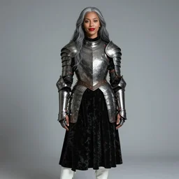 portrait of a warrior woman, mulatto, crossbreed, metis very beautiful face, pleasant facial features, red lips, long gray hair, black closed velvet dress, leather armor, iron armor, white boots, clothes alexander mcqueen very beautiful style, photorealism, bouguereau, edgard maxence