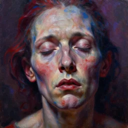 highly detailed and textured painting of a deformed anatomical portrait with closed eyes, emotionally expressive, highly detailed oil painting, soft light 1 6 k, red, blue and purple colour palette, cinematic composition, cinematic lighting, sharp focus, masterpiece by adrian ghenie and jenny saville and alphonse mucha and ernst haeckel,