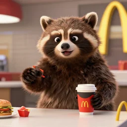 film still of Rocket Racoon working at McDonald's in the new Avengers movie, 4k