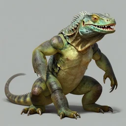 a large lizard man that guards a dangerous criminal who has a dislocated jaw, character design