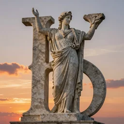 a giant stone statue of the greek letter lambda, epic sunset skies in the background, highly detailed digital art