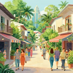 illustrated portrait of a busy small town street, lush, many people, modern art deco, colorful, mads berg, christopher balaskas, victo ngai, fine texture, detailed, muted colors, dynamic composition, matte print, wide angle, moody, ( ( stippling ) ), very grainy texture, ( ( strong stippled shadows ) )
